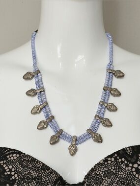Vintage African Glass White & Blue Striped Seed Bead Necklace w Artichoke Charms